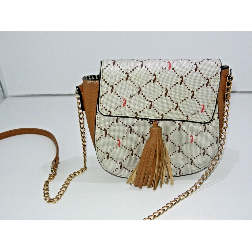 Baby Phat LOGO Purse Tassel Cute Tan Beige with Gold Chain Strap Cross Body